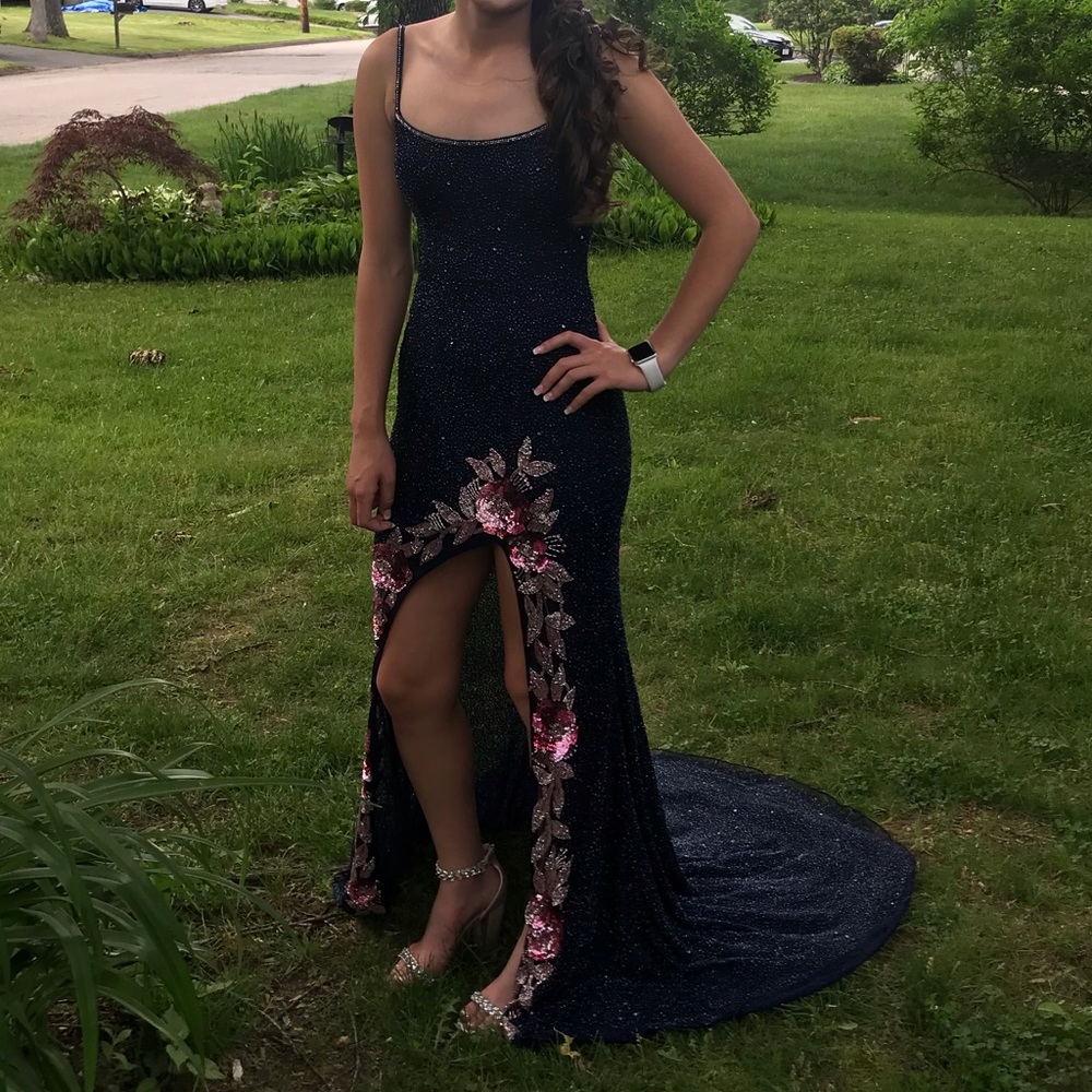 Navy Blue and Rose Gold Sherri Hill Prom Dress